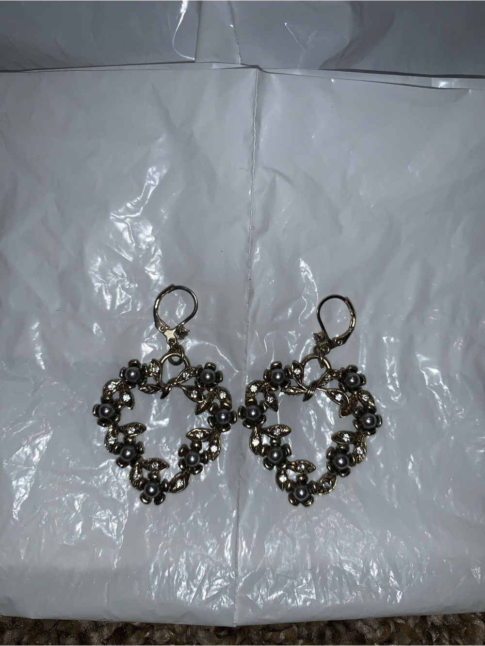 Gold Heart Floral Drop Earrings with Gray Pearls - Women Jewelry